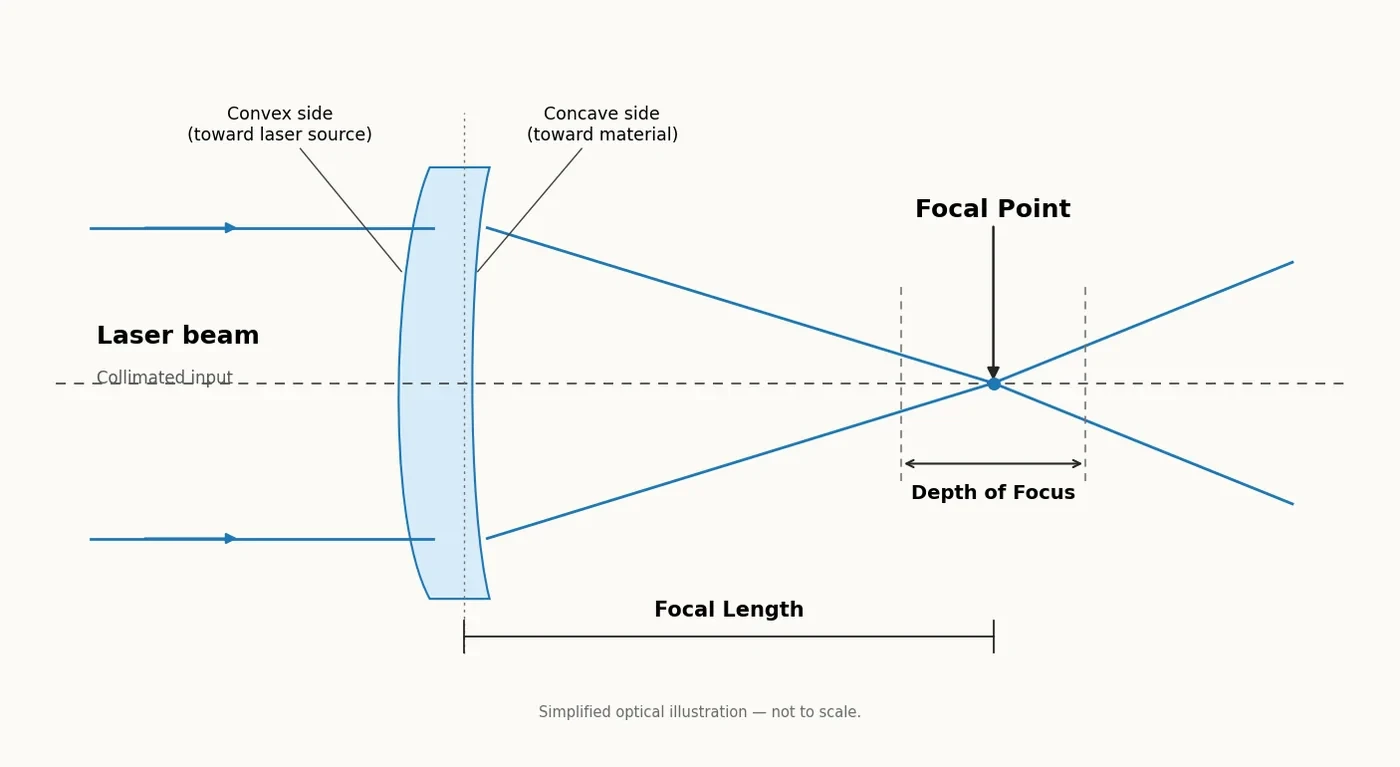 Laser focus lens diagram showing focal point, focal length, and depth of focus.webp Laser focus lens diagram showing focal point, focal length, and depth of focus.webp