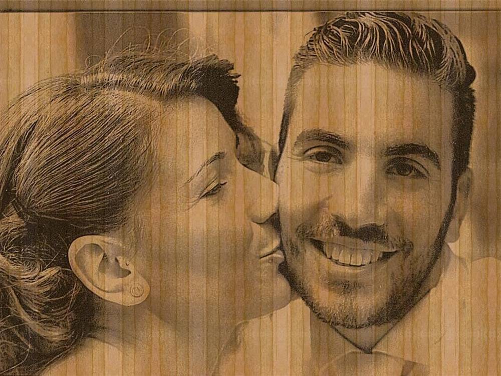 Laser-engraved photograph on wood