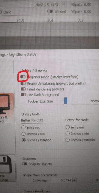 Beginner Mode setting in LightBurn