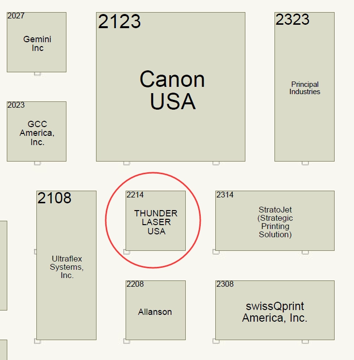 Thunder Laser booth 2214 location at ISA International Sign Expo 2024