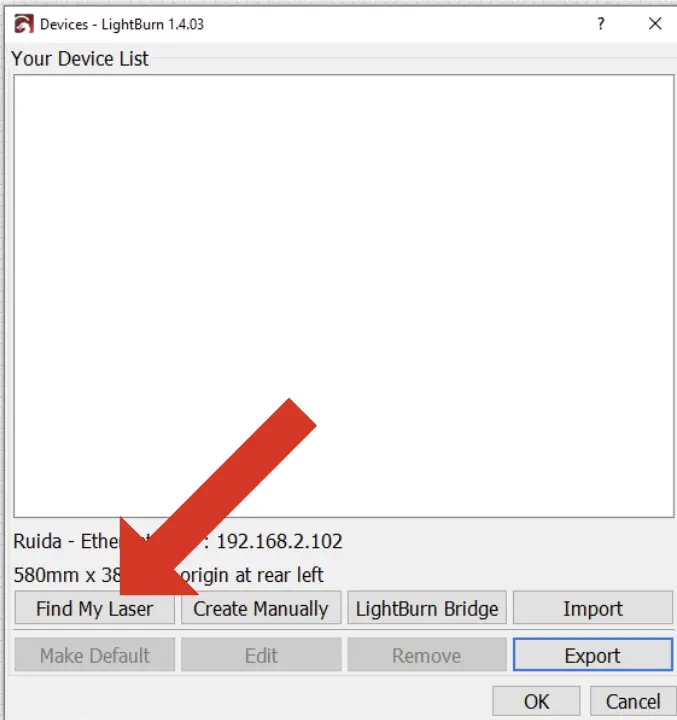 Open LightBurn and add device screen