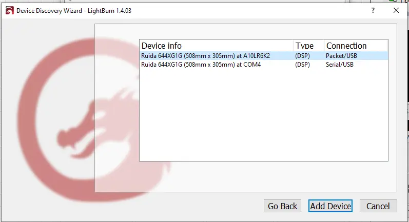 LightBurn device setup screen