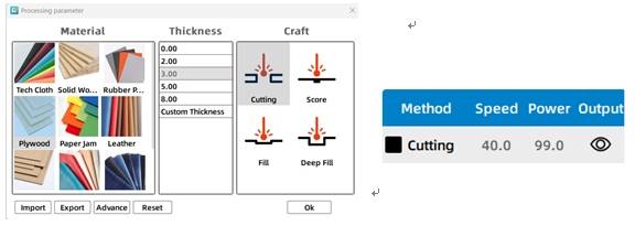 Cutting parameter settings for the phone stand project
