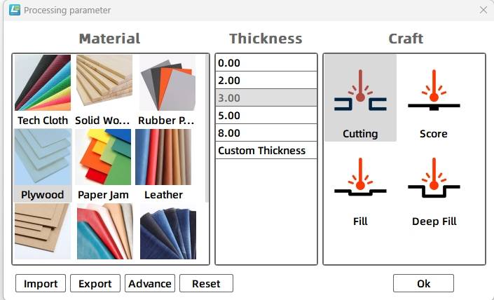 LaserMaker processing parameters for the name badge project