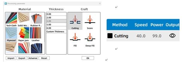 Cutting parameter settings for the 3D pine tree project