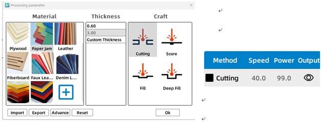Cutting parameter settings for the small table lamp project