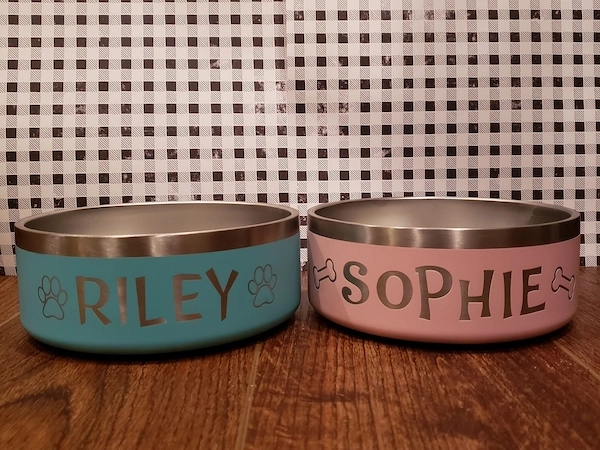 Laser engraved stainless steel dog bowl