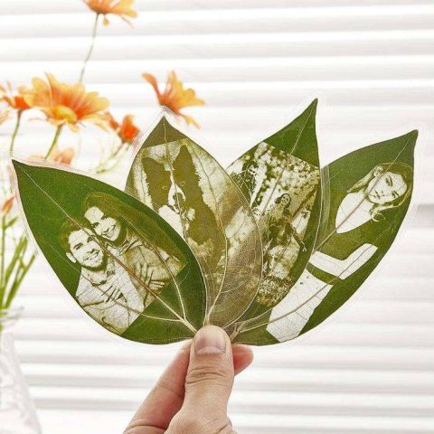 Collection of laser-engraved leaf ornaments with personalized designs