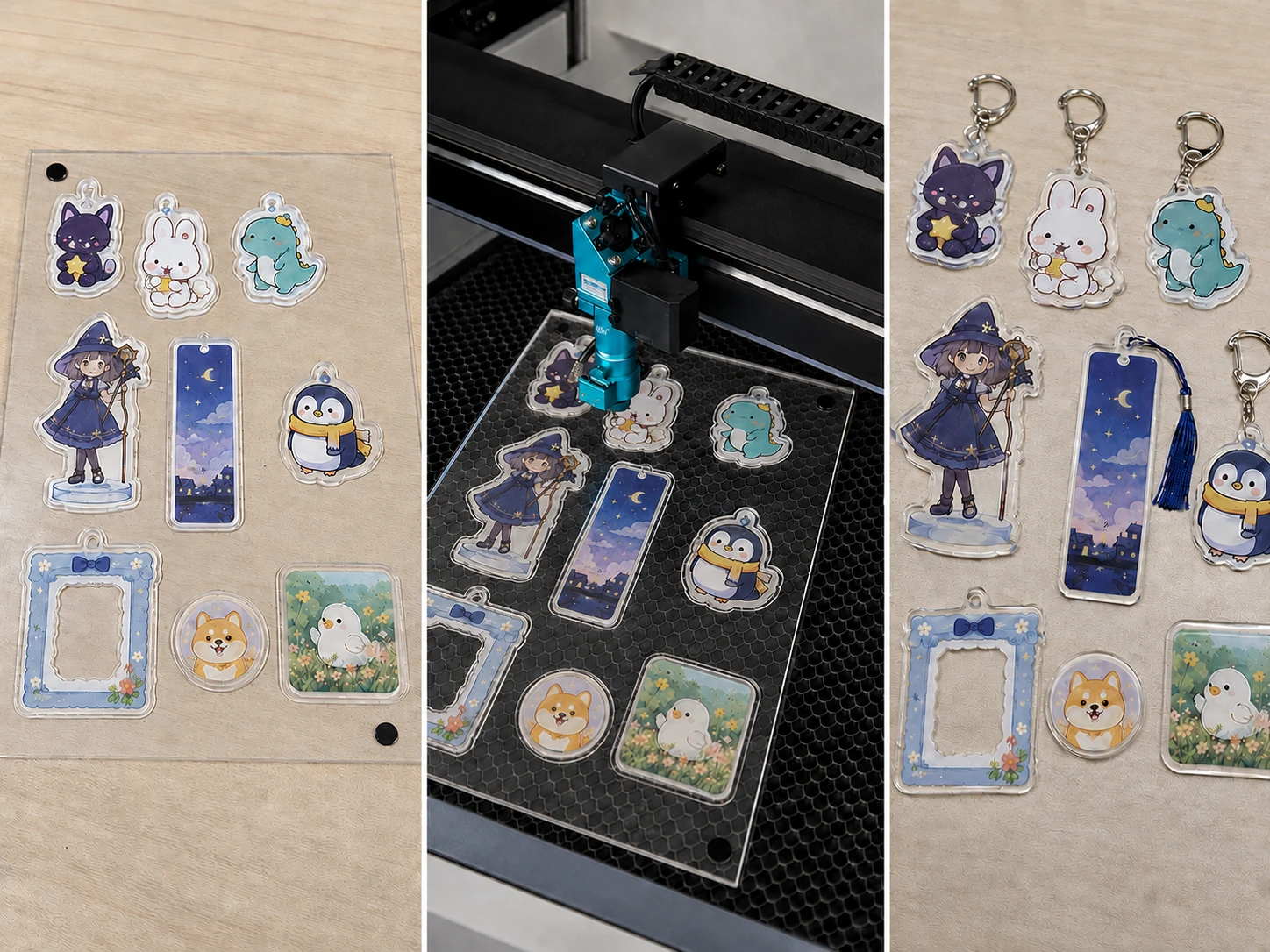 UV printed acrylic keychains prepared for laser contour cutting
