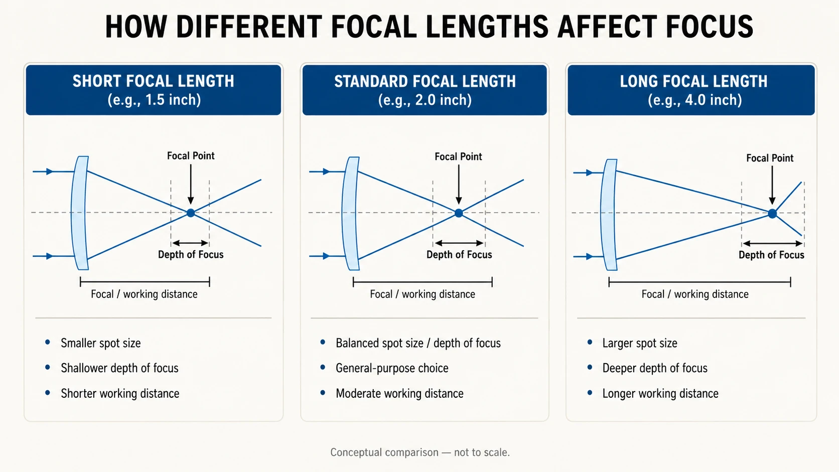 Comparison of short, standard, and long focal length lenses showing spot size, depth of focus, and working distance.webp Comparison of short, standard, and long focal length lenses showing spot size, depth of focus, and working distance.webp