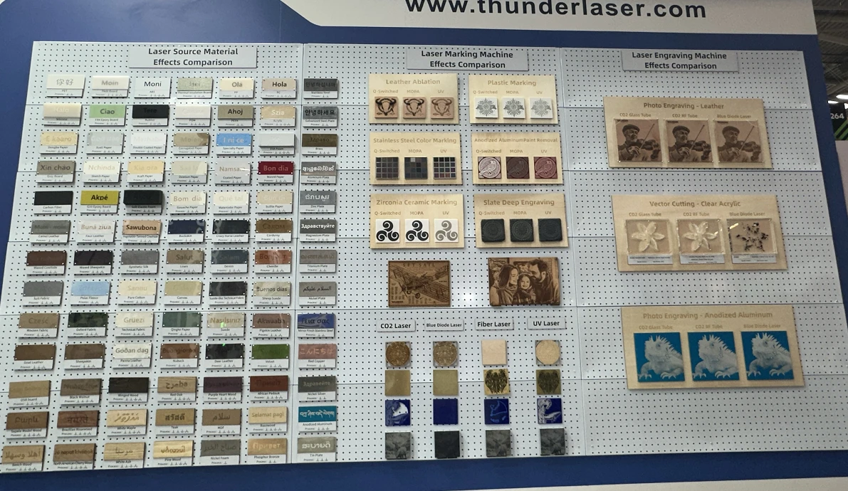Assorted CO2 laser material samples prepared for display at MSV 2026