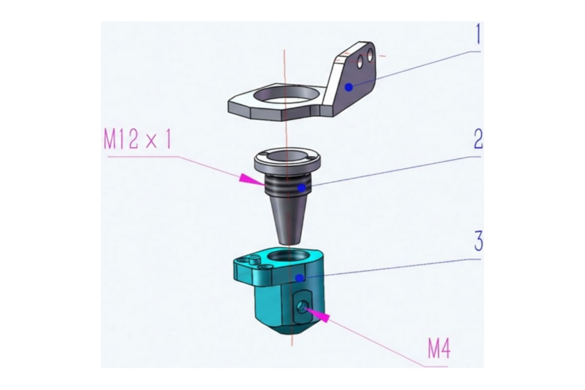 Exploded view of the original three-piece CNC-machined Thunder Bolt cutting cone assembly