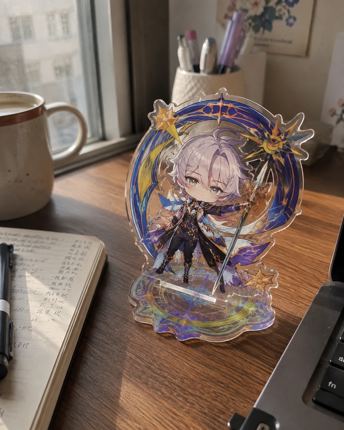 Anime UV printed acrylic character standee displayed on a wooden desk