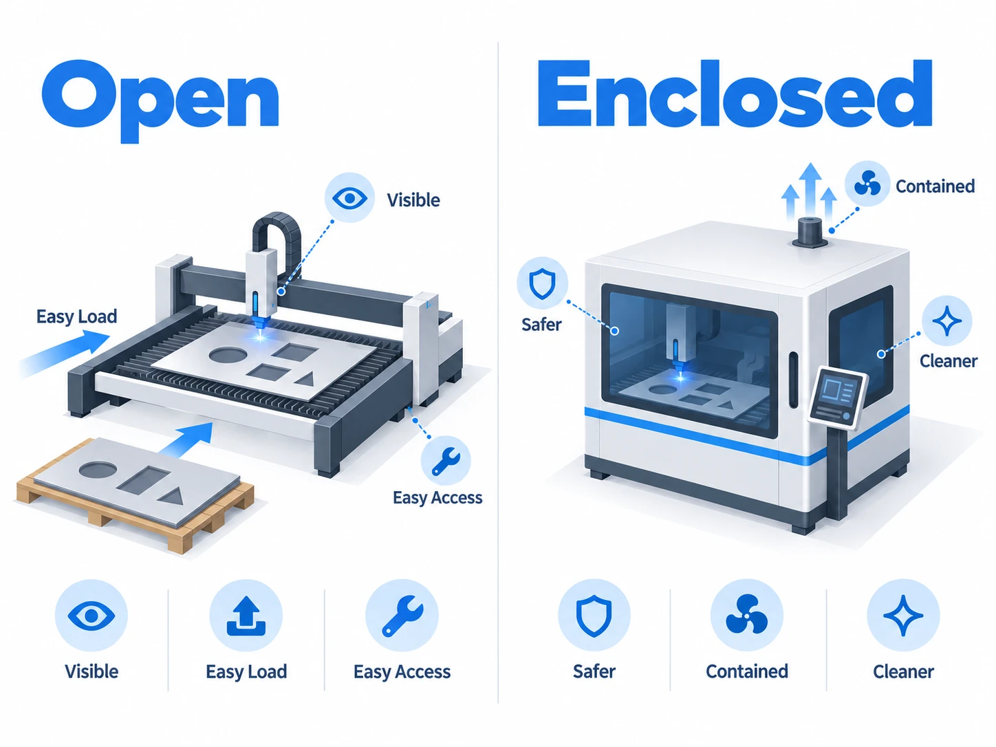 Open vs enclosed fiber laser cutting machine comparison