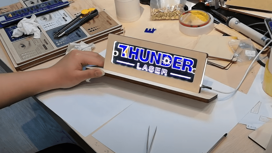 wooden table name plate with led lights and engraved brand name