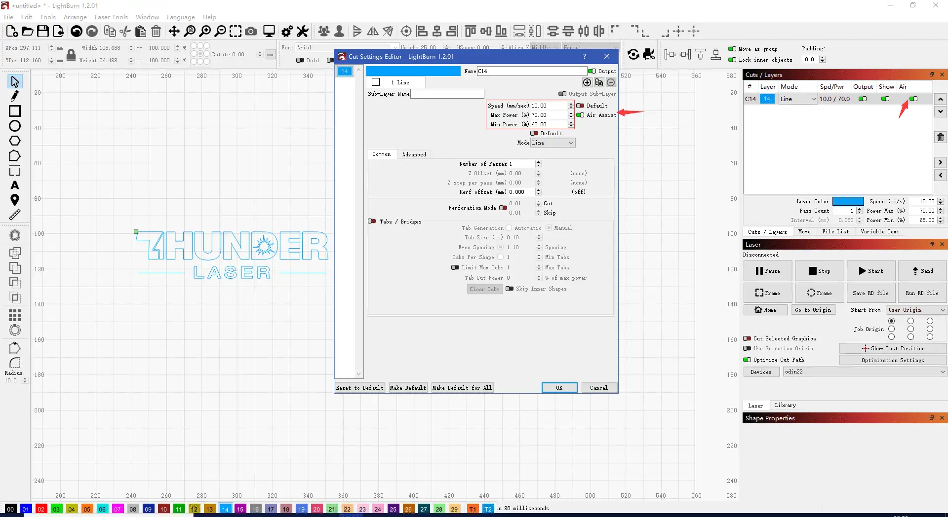 Laser cutting acrylic settings