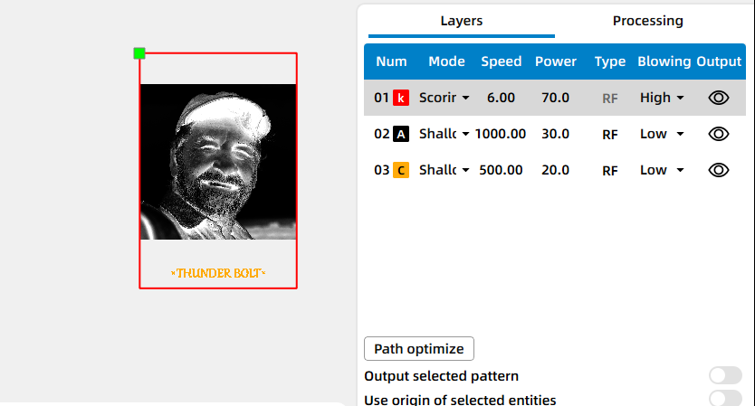 Parameters for laser engraving a photo on a leaf