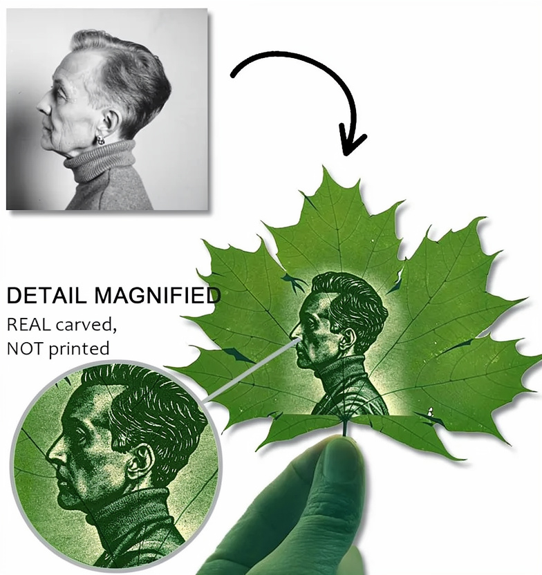 Laser engraved photo on leaves for valentine's gift