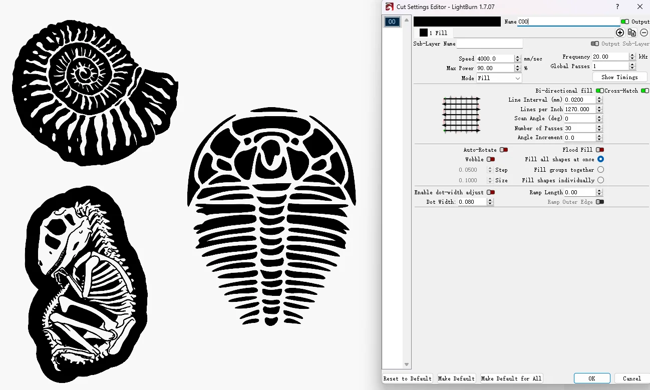 imitation fossils laser etching settings
