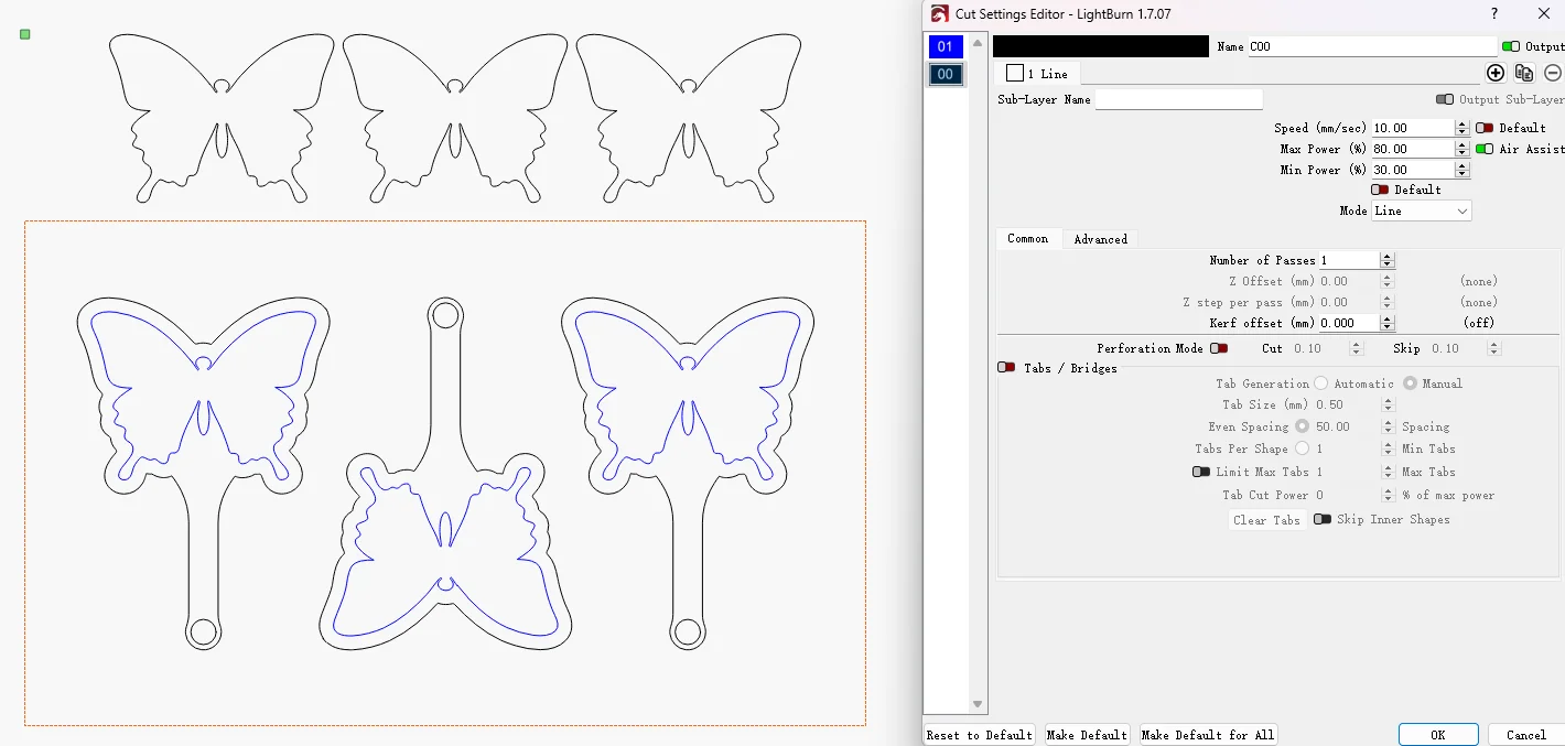 laser cutting acrylic butterfly mirror settings