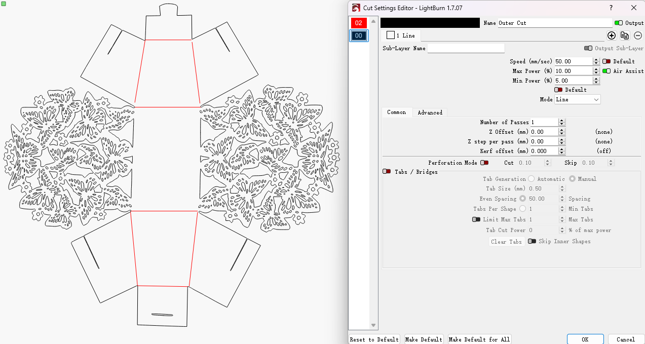 laser cutting butterfly candy box outline setting