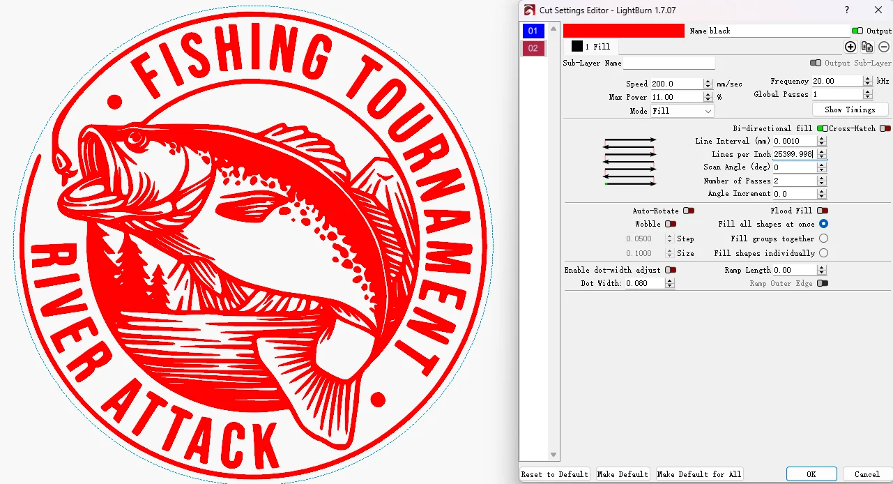 laser marking black fishing design on brass settings