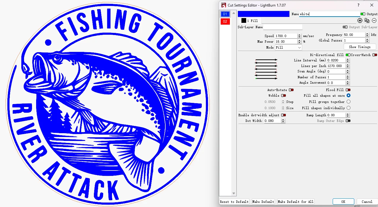 laser marking white fishing design on brass settings