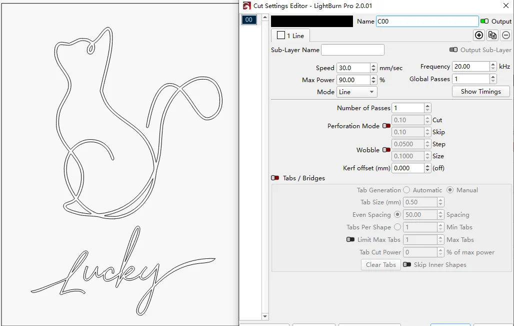 A picture that shows the parameters and the design of a laser cut cat decoration.