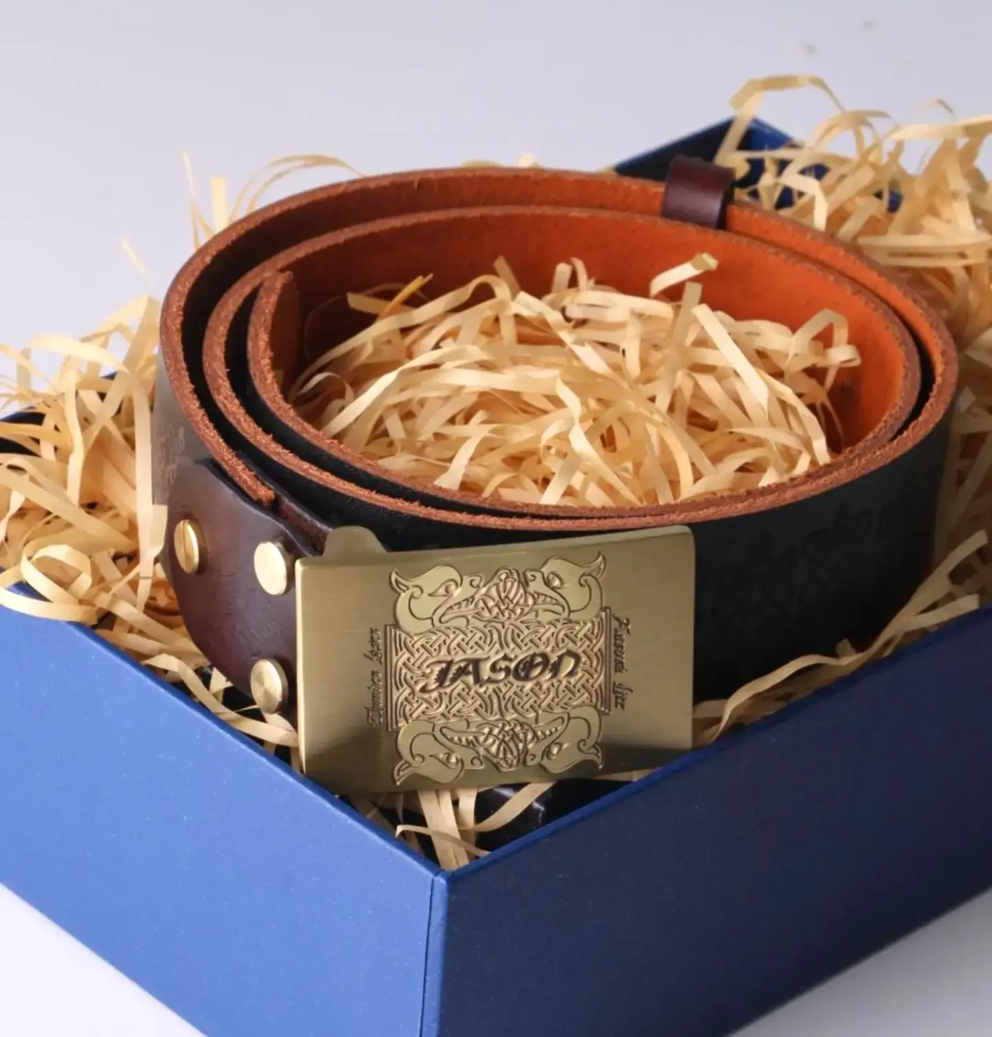 A laser-marked Brass Belt Buckle, perfect for gift.