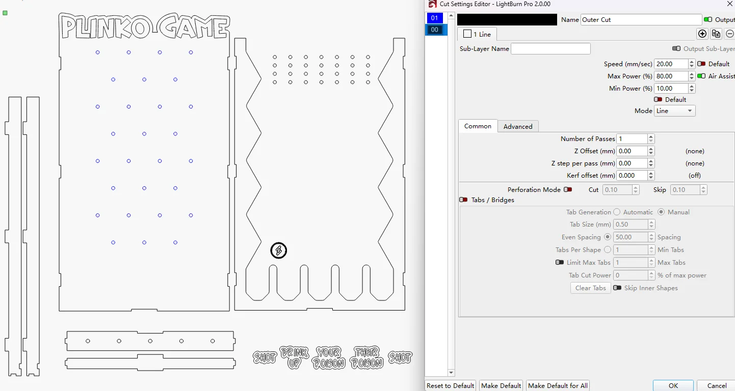 plinko game laser cutting settings
