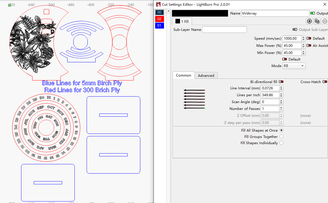 Parameters for laser engraving & cutting a wood calender