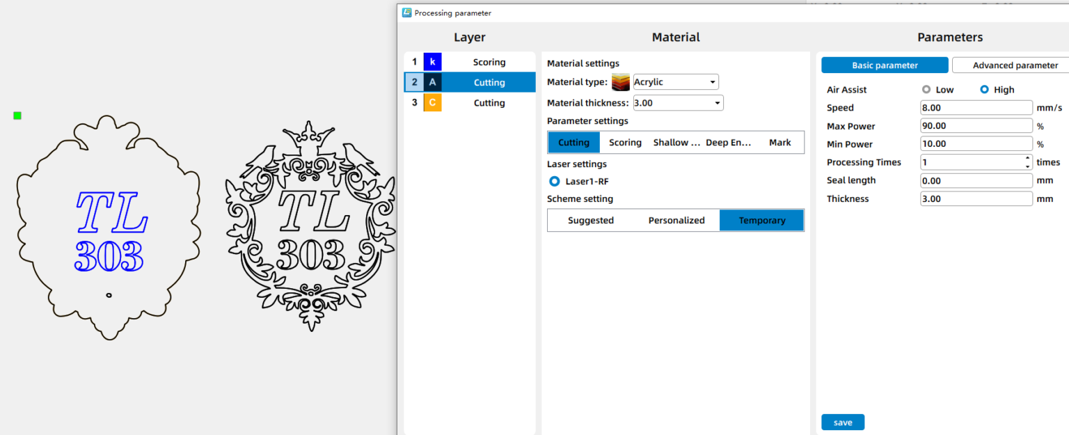 Parameters for laser cutting a special door sign