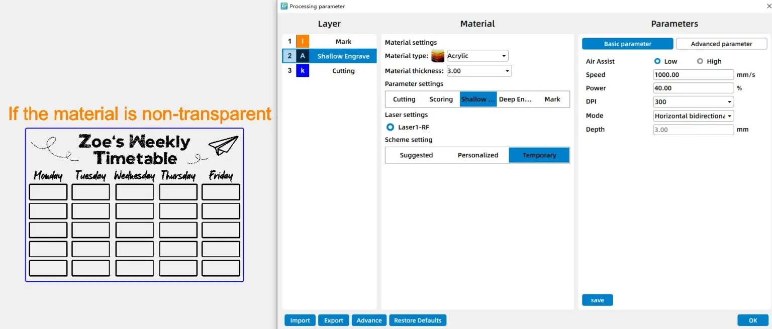 parameters for engraving a weekly planner on black acrylic