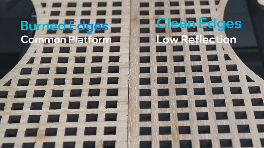 Comparison of cutting 5 mm thick wood on a honeycomb table versus a knife blade table