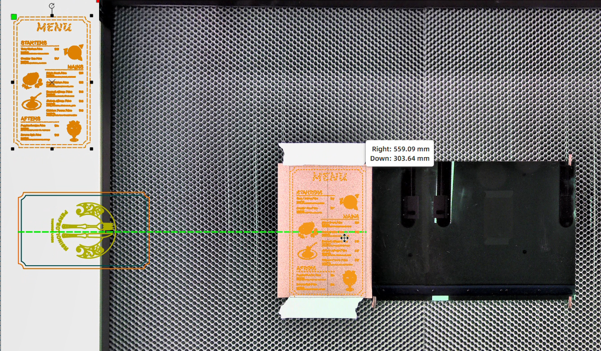 Drag your design directly onto the live camera view and place it exactly where you want the cuts and engraving to appear on the stacked cork + acrylic.