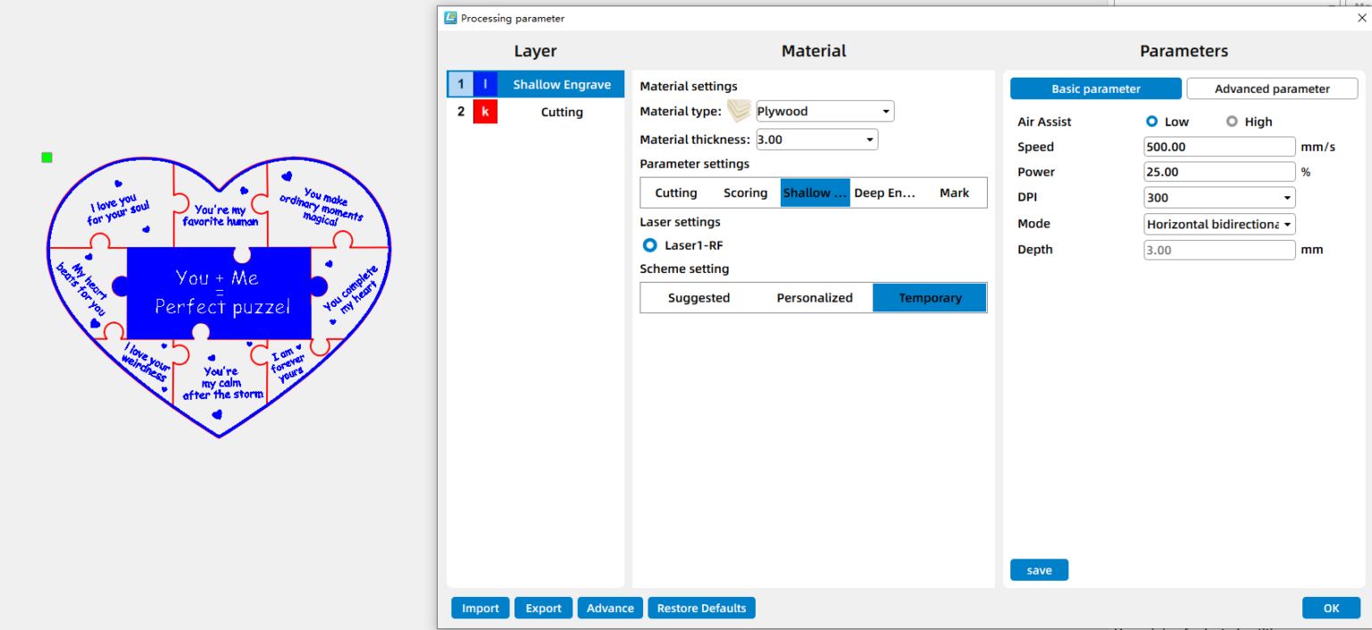 parameters for laser cutting a heart shape puzzle