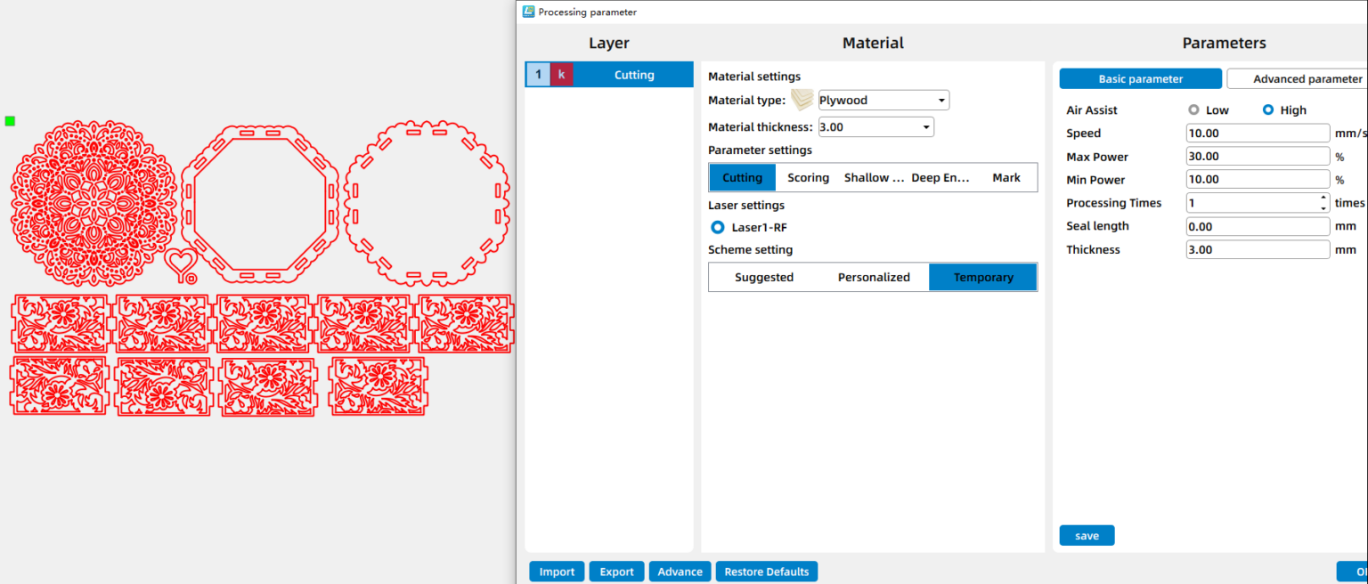 parameters for laser cutting a wedding favor box