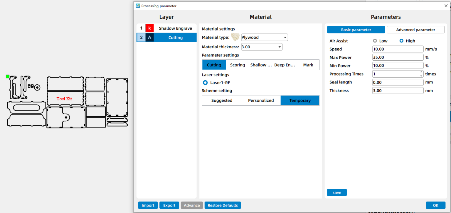 parameters for laser cutting a wooden tool box