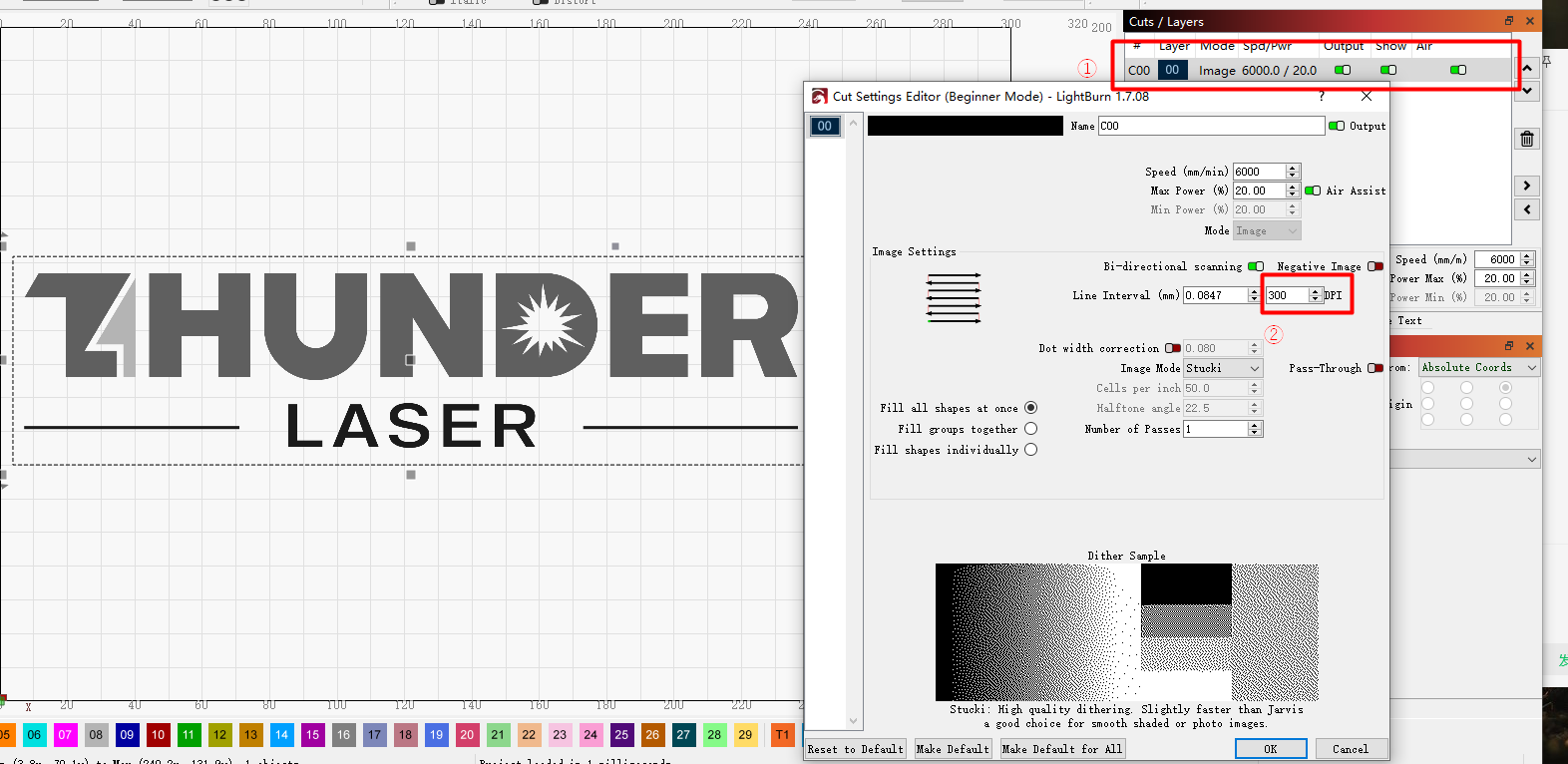 A picture that shows how to set DPI in LightBurn