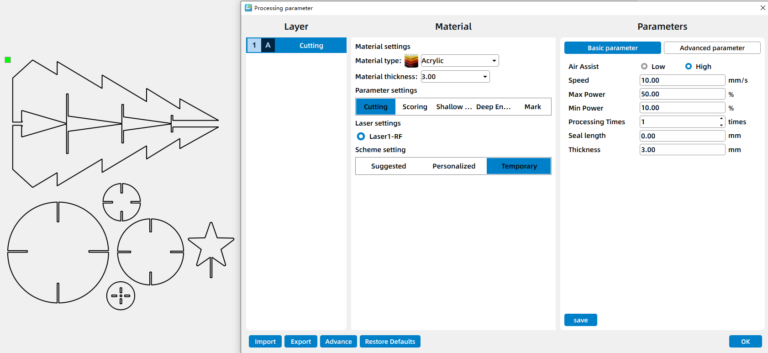 Parameters for laser cutting a Christmas Tree Storage Rack