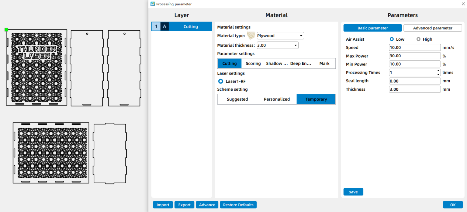 Parameters for laser cutting a wooden gift box