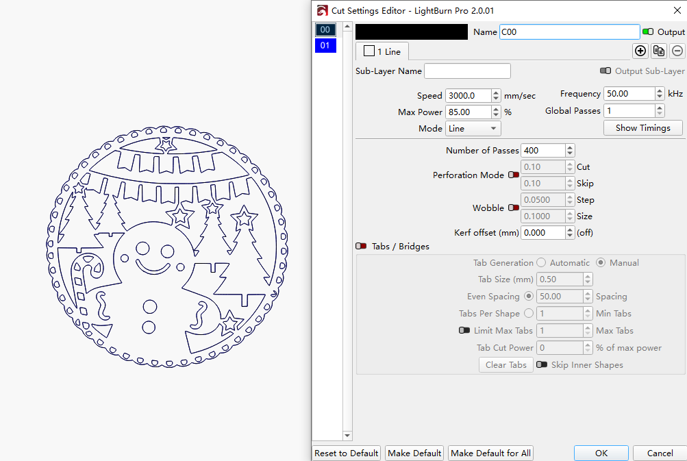 Parameters for laser marking a brass christmas stamp