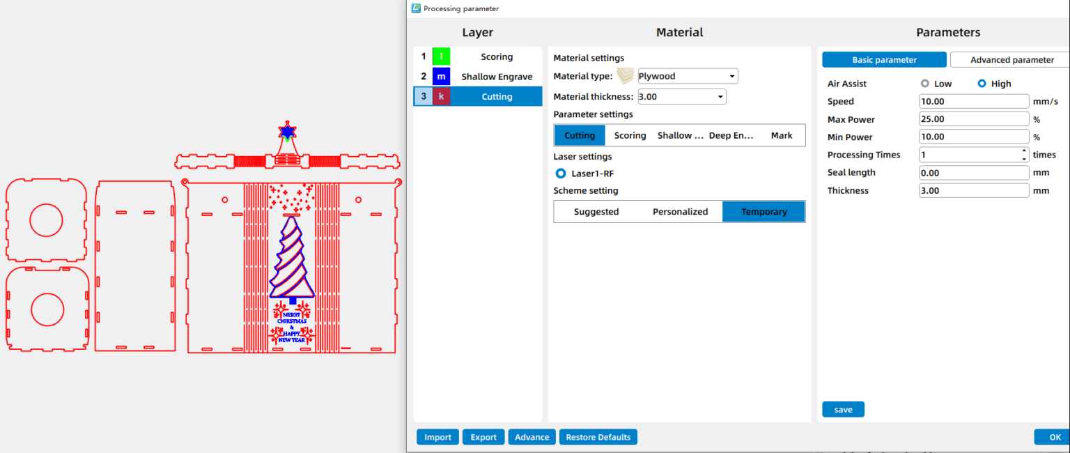 parameters for laser cutting a christmas wine box