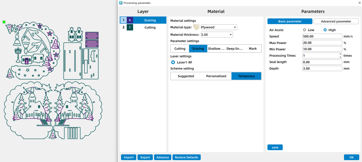 parameters for laser cutting a wooden christmas decor