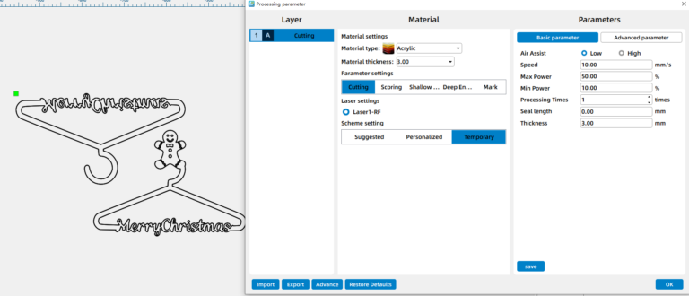 parameters for laser cutting an acylic christmas hanger