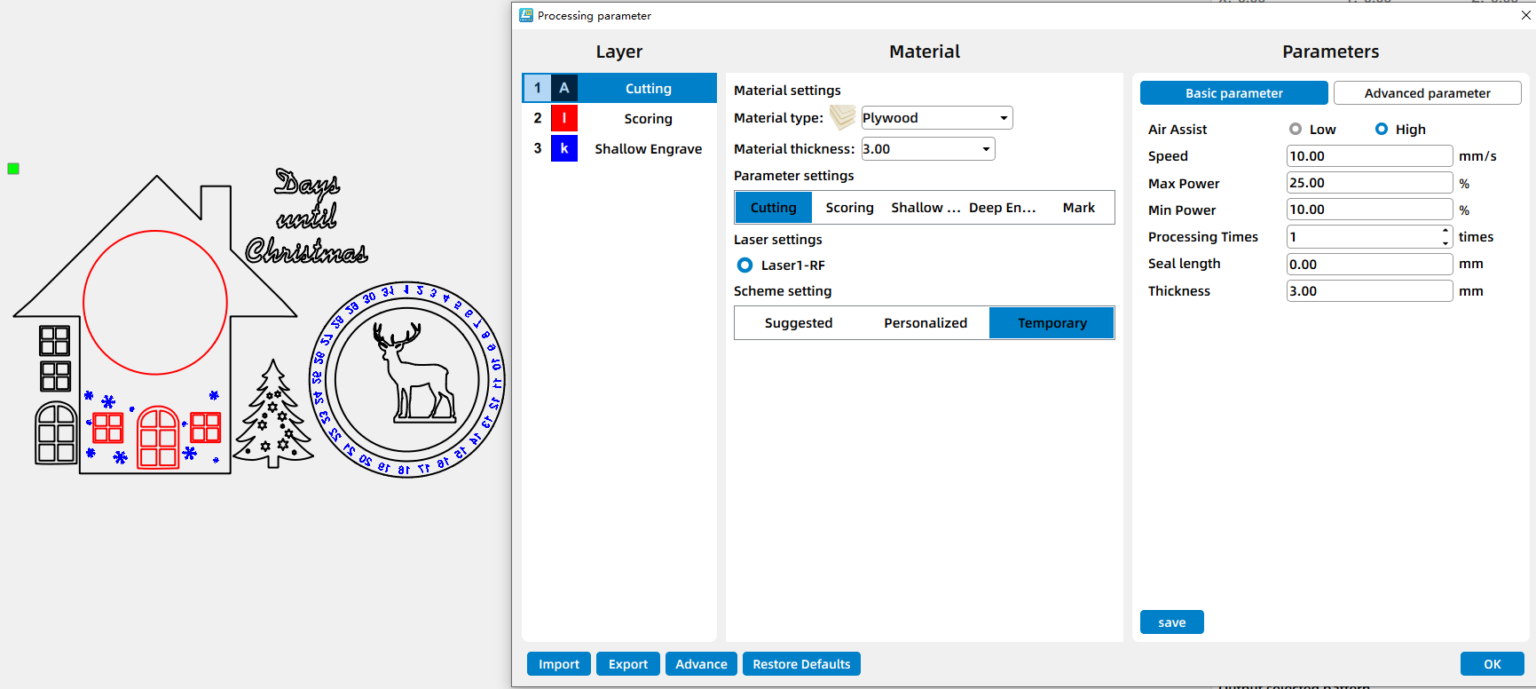parameters for laser cutting the christmas calendar