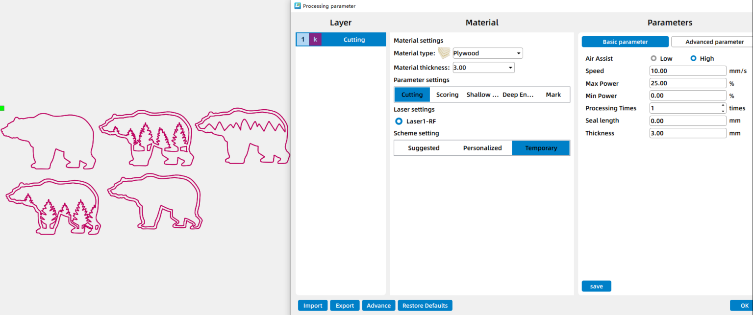 parameters for laser cutting the christmas wall decor