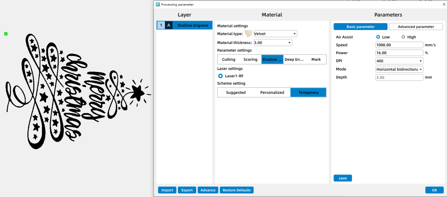 parameters for laser engraving a velvet christmas gift bag