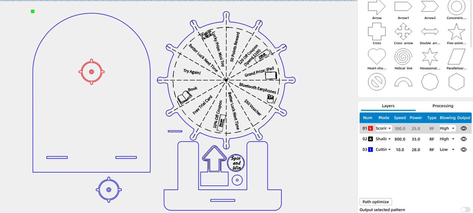 Parameters for laser cutting a prize wheel