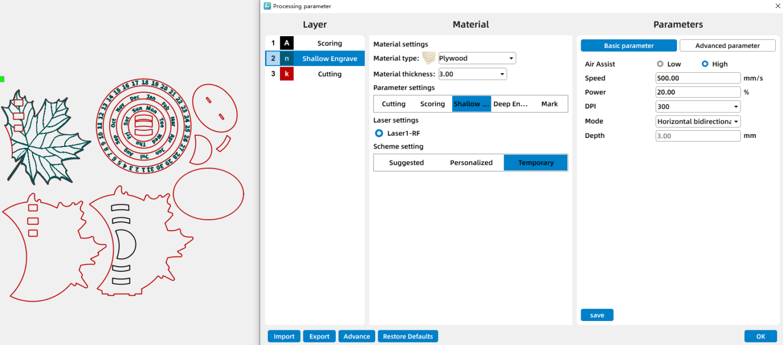 parameters for laser engraving&cutting a golden maple calendar